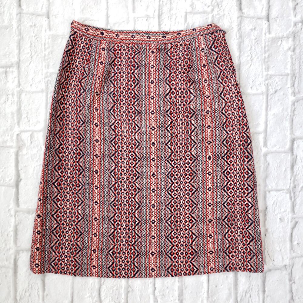 Vintage 70s Knee Length Red Blue White Gray Geometric Acrylic Knit Skirt